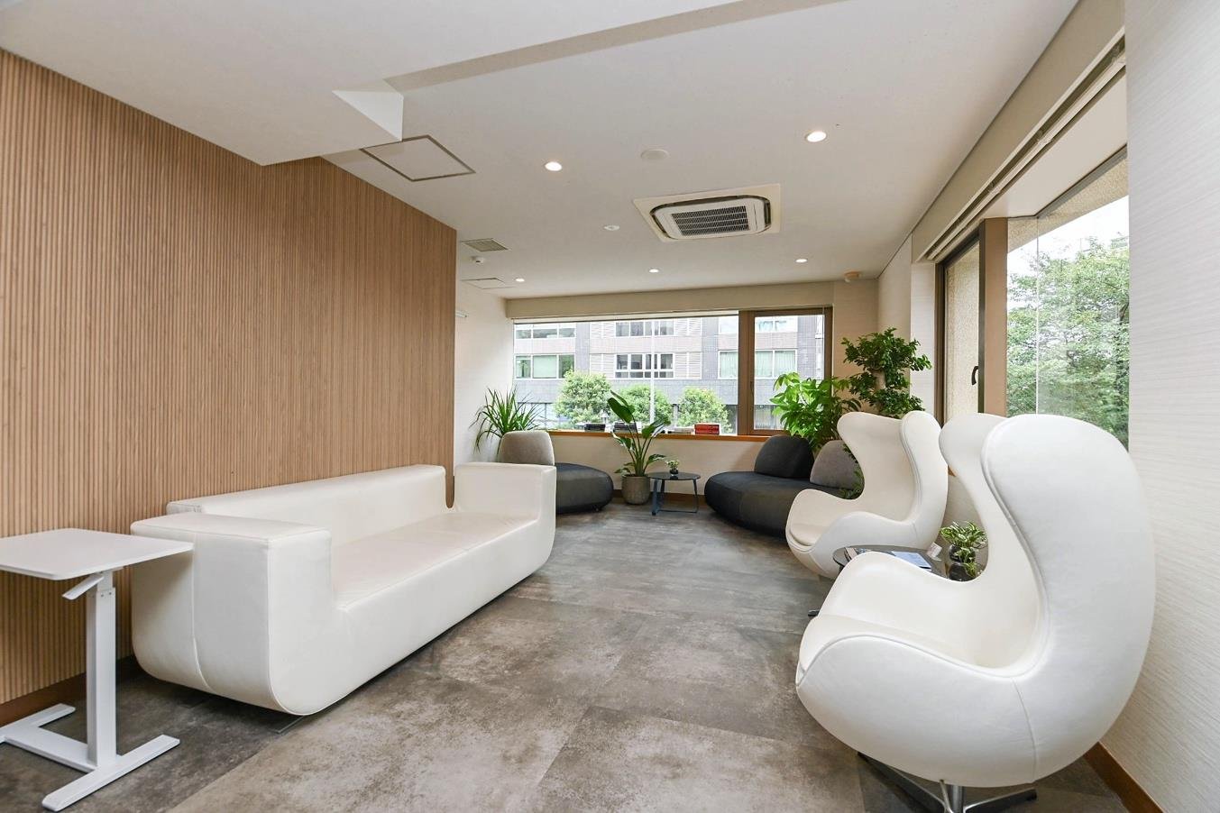 GoCLN clinic lounge with white chairs, warm wood walls and large windows, shown in its MIRAI brochure.