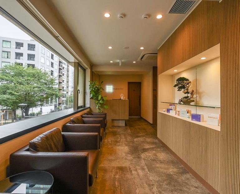 GoCLN reception corridor with wood finishes and seating beside large windows, from the MIRAI brochure.