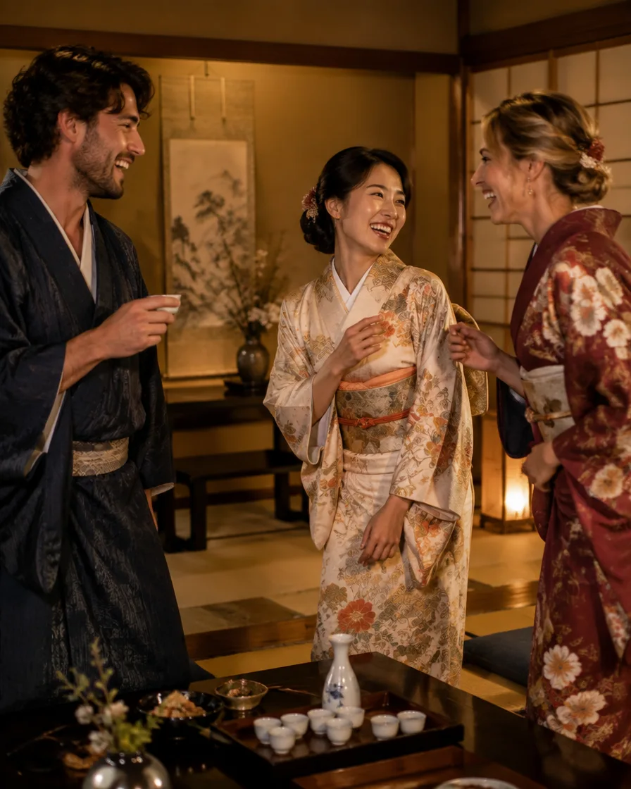 KOMA website image of three people in kimono sharing sake in a traditional Japanese room.