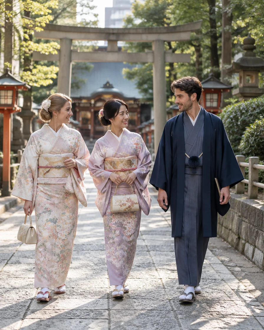KOMA website image of three people wearing kimono walking through a shrine gate.