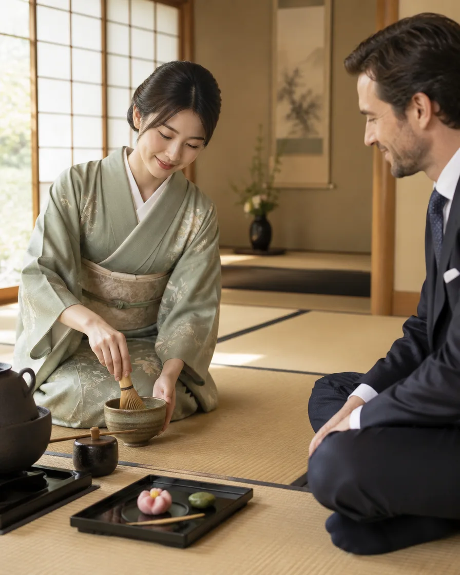 KOMA website image of a kimono-clad host whisking matcha beside a guest on tatami.