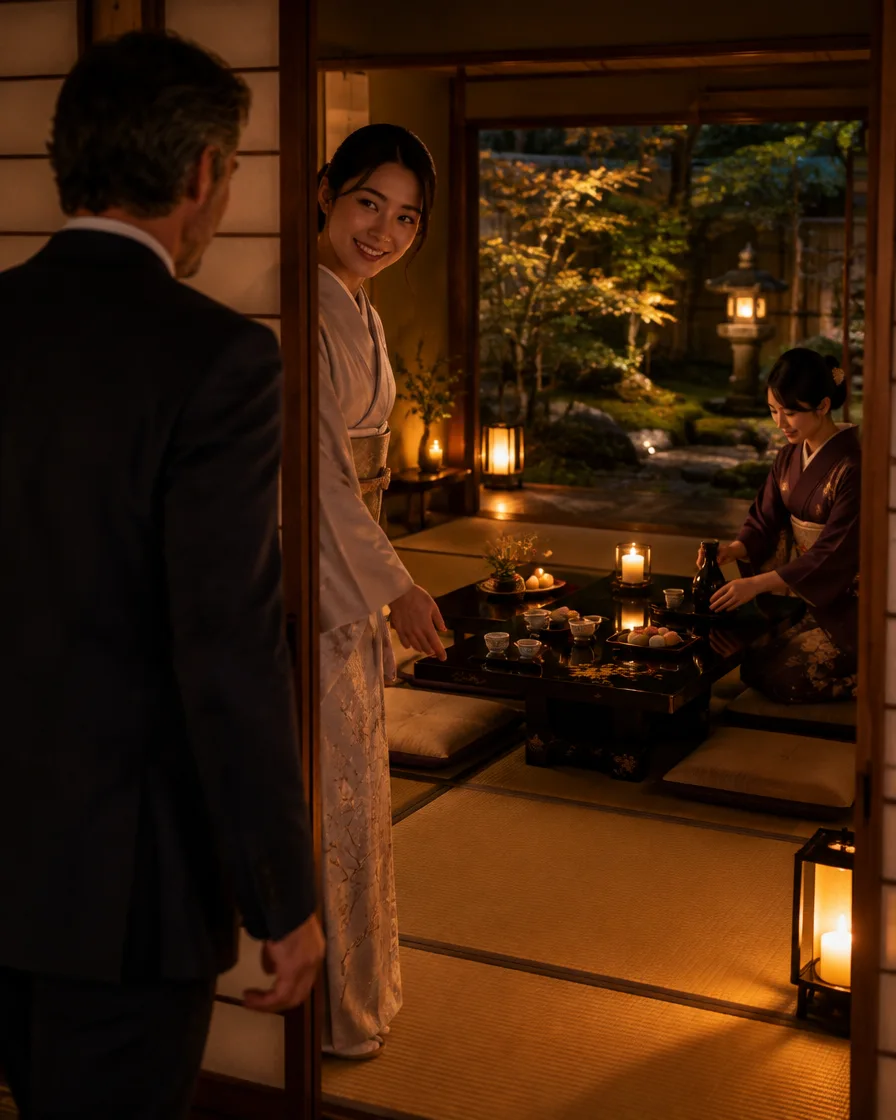 KOMA website image of a kimono-clad host welcoming a guest into a softly lit private room.
