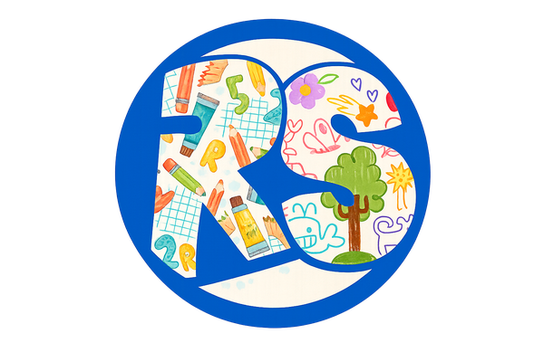 Risenoa Sitters logo: a blue circular RS monogram filled with colourful children’s drawings.