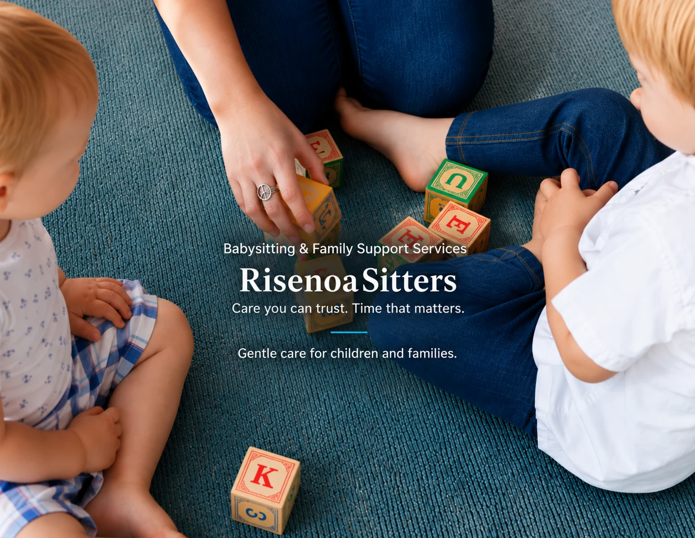 Rise Noa Sitters childcare image showing an adult and two children playing with wooden alphabet blocks on a carpet.